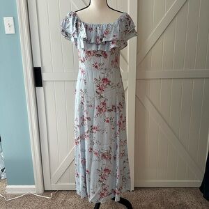 Zara Woman Blue Floral Off Shoulder Ruffle Maxi Dress Size S Romantic Boho